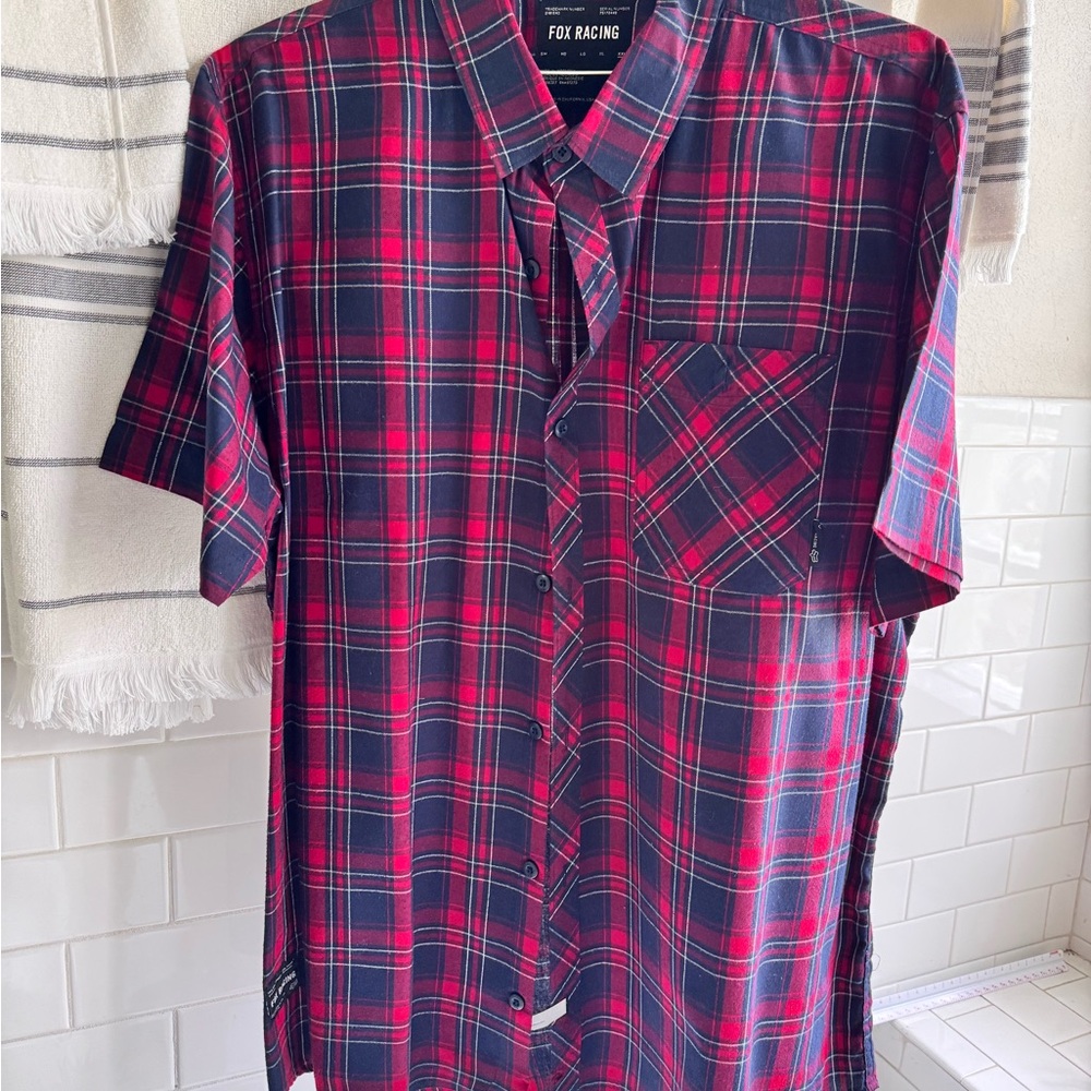 Fox Men's Casual Red and Blue Plaid Shirt